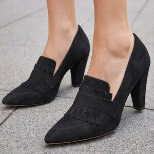 Shoe 9 West block heel, oxford or loafer style, sz 8.5 M, EUC, vegan suede, blck